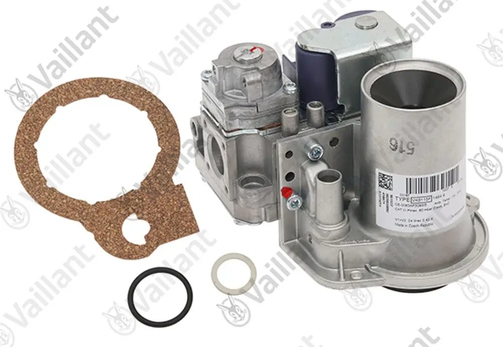 Vaillant Gasarmatur mit verschiedenen Dichtungen. Das Bild zeigt die Armatur in Metalloptik zusammen mit einer Korkdichtung und zwei Gummidichtungen.